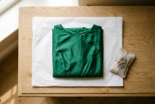 Vestido de festa de seda verde esmeralda dobrado sobre folha de papel de seda branco sem ácido, com sachê de lavanda, em tampo de cômoda de carvalho claro.