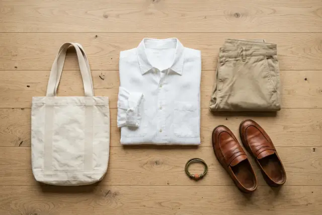Camisa de linho branca dobrada, calça de sarja cáqui enrolada, loafers de couro marrons e bolsa de lona off-white, dispostos em piso de madeira clara.