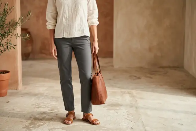 Uma pessoa veste blusa de algodão bordada off-white, calça de sarja de corte reto grafite, sandálias de couro caramelo e segura uma bolsa tote de couro marrom, em um piso de concreto claro.