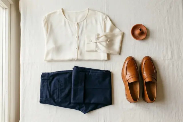Flat lay de blusa de seda off-white, calça social azul-marinho dobrada e mocassins de couro caramelo sobre superfície branca.