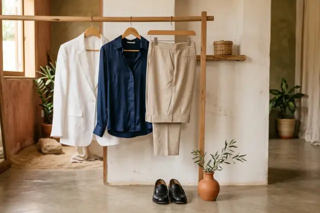 Uma calça bege de alfaiataria, uma blusa de seda azul-marinho e um blazer de linho branco pendurados em uma arara de madeira simples, com mocassins de couro pretos cuidadosamente dispostos no chão de