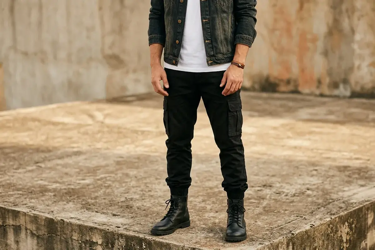 Dos ombros para baixo, um homem veste uma camiseta de algodão branca, jaqueta jeans escura e calças cargo de sarja preta com as barras elásticas cuidadosamente enfiadas nas botas de combate de couro p
