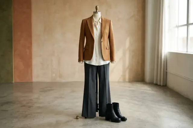 Blazer ajustado caramelo sobre camisa de seda off-white em manequim de torso, com calça flare de alfaiataria cinza-carvão de barra longa caindo e mal tocando botas de salto bloco de couro preto em pis