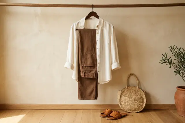 Jeans denim marrom de corte reto e camisa de linho off-white, com sandálias de couro caramelo e bolsa de palha trançada, em chão de carvalho claro.