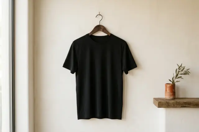 Camiseta preta de algodão pima com gola redonda, pendurada em cabide de madeira escura, com caimento suave que realça o ajuste e a textura fina do tecido contra uma parede clara e lisa.