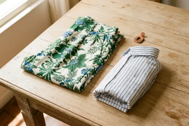 Perna de calça de viscose floral verde e azul com estampa grande, dobrada, ao lado de uma camisa de algodão branca com listras azuis finas, com as estampas bem visíveis sobre uma mesa de madeira clara