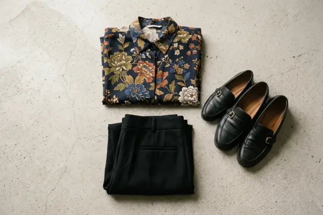 Blusa de seda com estampa floral de fundo escuro, calça de lã preta de alfaiataria dobrada e loafers de couro pretos, dispostos sobre uma superfície de concreto cinza claro.