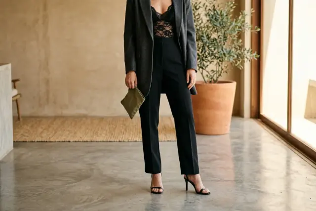Pessoa vestindo um top de renda preto sob um blazer longo cinza carvão aberto, calças pretas de alfaiataria e sandálias pretas de salto agulha, em pé sobre um piso de concreto polido.