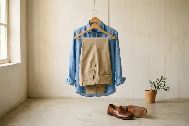 Camisa de linho azul claro e calça de sarja bege penduradas em um cabide de madeira natural, com mocassins de couro marrom no piso liso cinza claro abaixo.