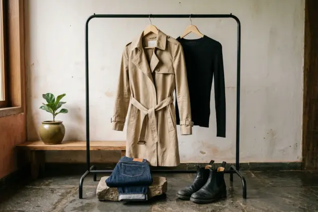 Trench coat bege resistente à água e top de tricô preto pendurados em arara preta minimalista, com jeans cropped índigo dobrados e botas Chelsea de couro pretas sobre piso de pedra cinza escuro úmido.