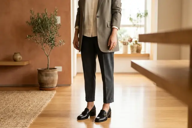 Blusa de seda creme, blazer alongado marrom-acinzentado e calças de alfaiataria grafite, curtas acima de mocassins de couro pretos de salto, em piso polido.