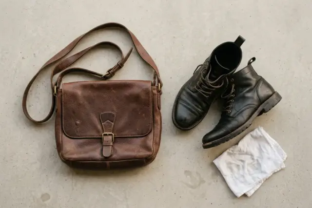 Uma bolsa de ombro de couro marrom desgastada e um par de botas de tornozelo de couro pretas, com um pequeno pano de algodão branco úmido repousando próximo sobre uma superfície de concreto cinza clar
