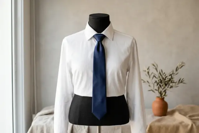 Um busto de costura preto exibe uma gravata de seda azul marinho perfeitamente amarrada com um nó Four-in-Hand bem definido, sobre uma camisa social de algodão branca impecável, em um fundo de estúdio