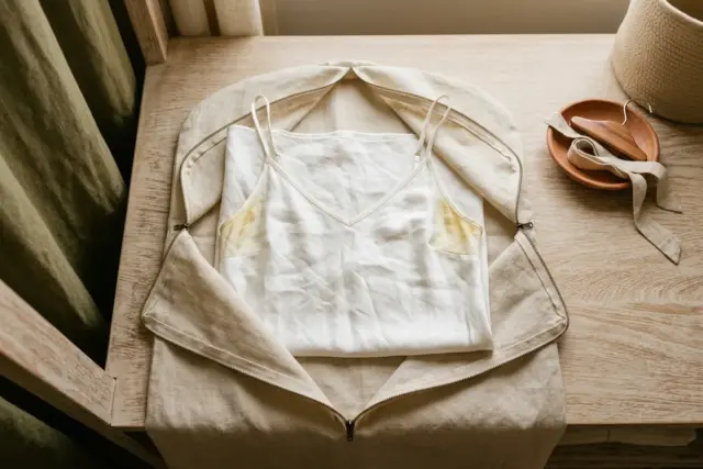 Camisola de seda branca com cavas amareladas, disposta dentro de uma capa de roupa respirável aberta em uma prateleira de armário de madeira clara.
