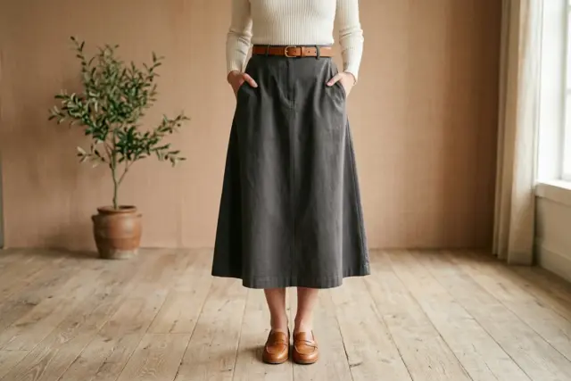 Pessoa vestindo saia evasê midi de sarja cinza escuro, blusa de tricô canelado off-white e cinto fino de couro caramelo, com mocassins de couro caramelo, em um chão de madeira clara.