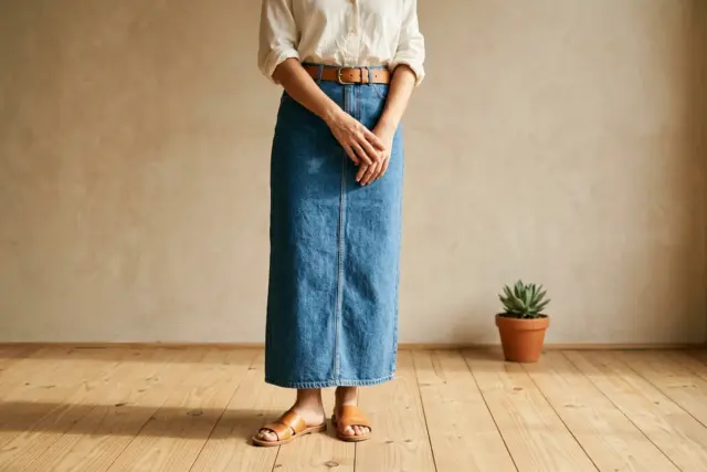 Pessoa com saia jeans azul longa reta, blusa de algodão branca por dentro, cinto de couro marrom-claro e sandálias de couro marrom-claro com peito do pé visível, sobre piso de madeira clara.