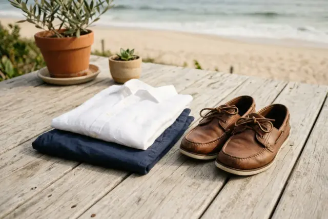 Sapatos náuticos de couro marrom sobre um deck de madeira clara, com camisa de linho branca dobrada e shorts chino azul-marinho empilhados ao lado.