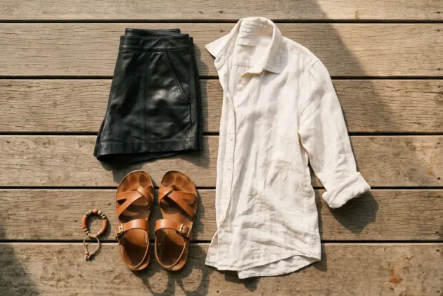 Shorts de couro preto dobrados ao lado de uma camisa de linho branca aberta e solta, com sandálias de couro caramelo em um deck de madeira ensolarado.