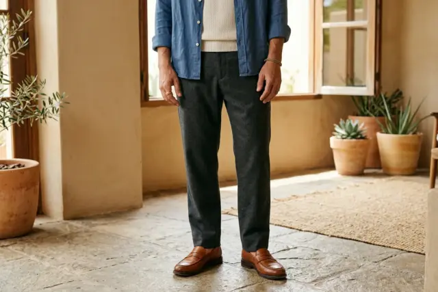 Pessoa usando calça social cinza escuro, regata de malha branca e camisa de linho azul aberta sobreposta, com mocassins de couro caramelo no chão.