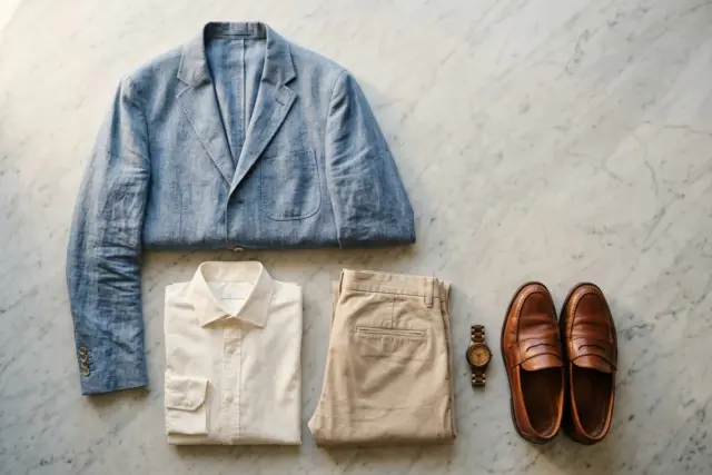 Blazer de linho azul claro, camisa de algodão branca, calça chino bege e mocassins de couro marrons, organizados sobre uma superfície de mármore cinza claro.