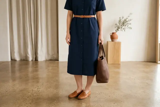 Pessoa vestindo vestido chemise de tricoline azul marinho ajustado com cinto fino de couro caramelo, mocassins de couro caramelo e bolsa tote de couro marrom café, em piso de concreto polido.