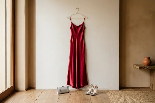 Um vestido de noite de seda vermelho rubi cintilante pendurado perfeitamente em um cabide minimalista dourado, com uma clutch de cetim prata delicada e scarpins stiletto combinando em um chão de madei