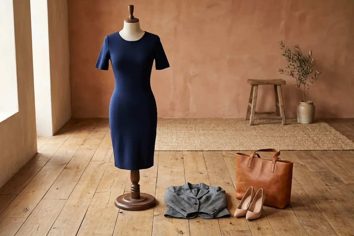 Vestido tubinho de malha ponte azul marinho em manequim de alfaiataria, com blazer de alfaiataria cinza dobrado, scarpins de couro nude e bolsa tote de couro caramelo em piso de madeira.