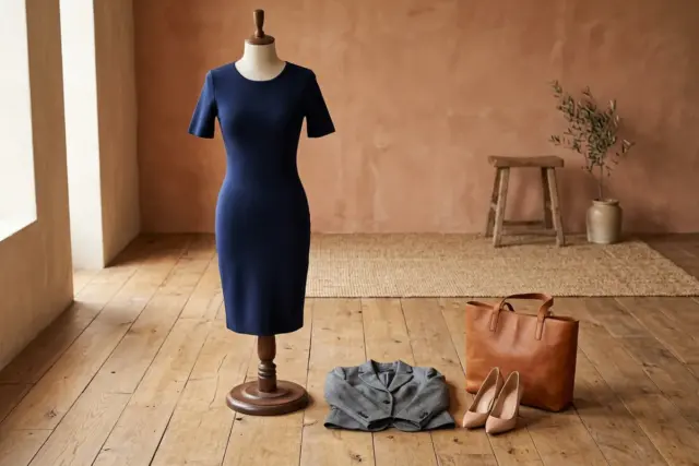 Vestido tubinho de malha ponte azul marinho em manequim de alfaiataria, com blazer de alfaiataria cinza dobrado, scarpins de couro nude e bolsa tote de couro caramelo em piso de madeira.