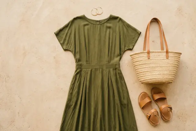Flat lay de um vestido midi de viscose verde esvoaçante, perfeitamente combinado com sandálias rasteiras de couro tan, uma bolsa tote de palha trançada e um brinco dourado sutil, tudo em uma superfíci