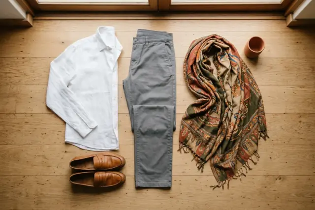 Camisa de linho branca, calça de sarja cinza reta e mocassins de couro caramelo, ao lado de um xale de algodão estampado vibrante, drapeado em chão de madeira clara.