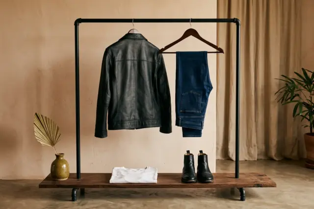 Uma jaqueta de couro preta e jeans skinny azul-escuro pendurados em uma arara de metal resistente, com uma camiseta de algodão branca dobrada e botas de tornozelo de couro pretas em uma prateleira de