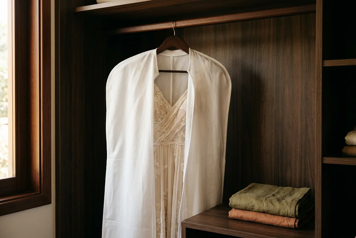 Um vestido formal claro pendurado dentro de uma capa de roupa branca de tecido respirável em um armário de madeira escura bem organizado.