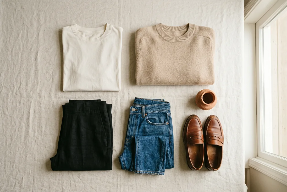 Vista aérea de um guarda-roupa cápsula minimalista em fundo neutro, com camiseta branca, suéter bege, calças pretas, jeans azuis e mocassins de couro marrons.