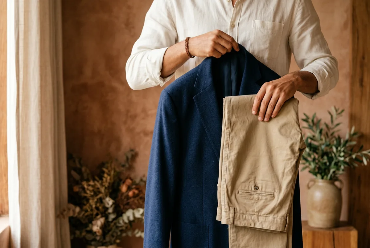 Pessoa dos ombros para baixo segurando um blazer azul marinho contra uma calça chino cáqui, mostrando como testar combinações de cores.