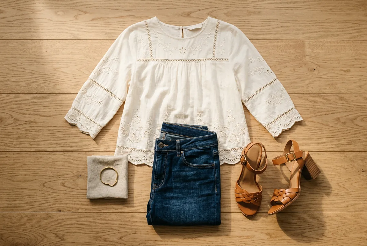 Blusa branca de algodão bordada, skinny jeans de lavagem escura e sandálias de couro caramelo com salto bloco sobre fundo de madeira clara.