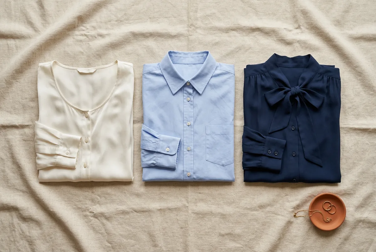 Três blusas de trabalho femininas em disposição plana: uma de seda branca, uma de algodão azul claro e uma de viscose azul marinho com gola laço, sobre fundo neutro.