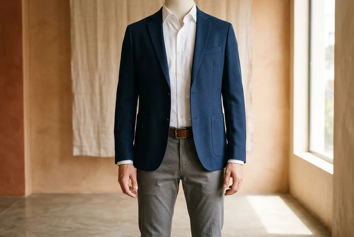 Manequim do peito para baixo vestindo um blazer azul-marinho bem ajustado sobre uma camisa button-down branca e chinos cinza.
