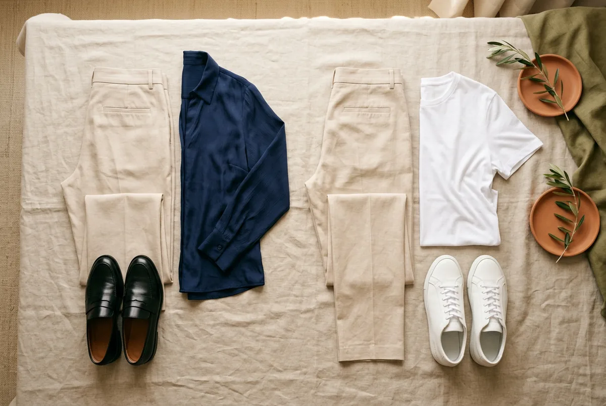 Vista plana de cima de dois looks lado a lado: à esquerda, calça bege de alfaiataria, blusa de seda azul-marinho e mocassins de couro pretos; à direita, a mesma calça bege, camiseta de algodão branca 