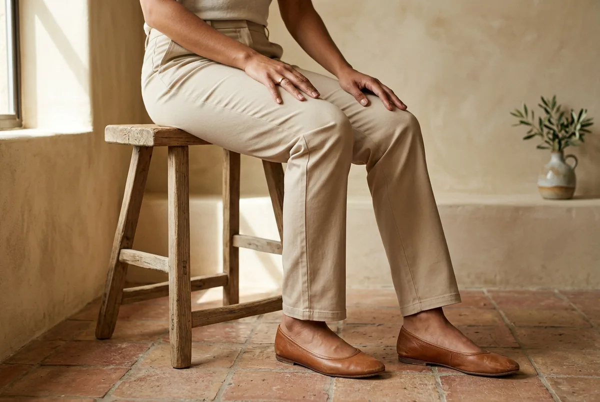 Pessoa fotografada da cintura para baixo, sentada em um banco de madeira simples, vestindo calça de sarja bege de corte reto e sapatos baixos de couro marrom, mostrando que o tecido não repuxa nos joe