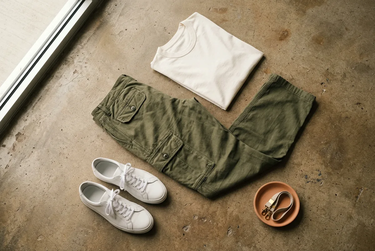 Disposição plana de roupas masculinas: uma calça cargo de algodão verde-oliva, uma camiseta gola redonda branca clássica e tênis de couro brancos limpos sobre um piso de concreto neutro.