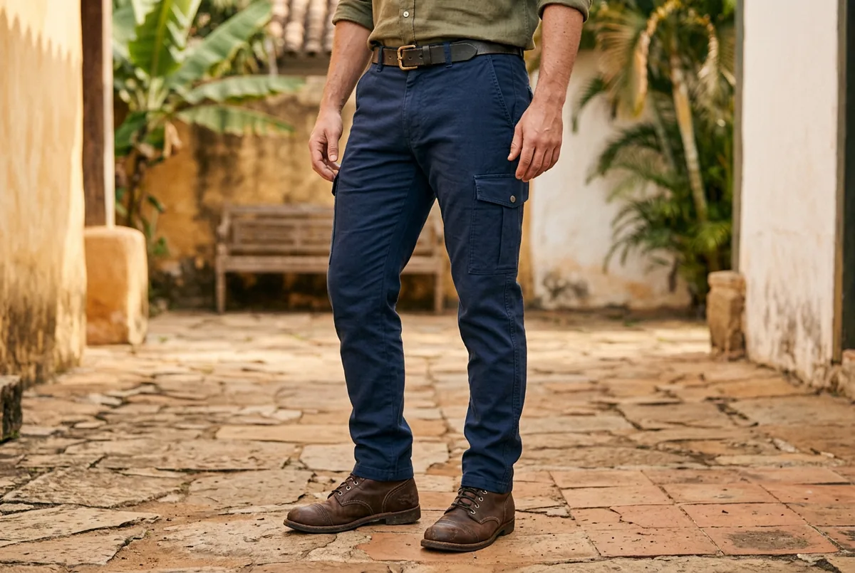 Pessoa da cintura para baixo usando calça cargo azul-marinho bem ajustada com bolso lateral plano e botas de couro marrons.