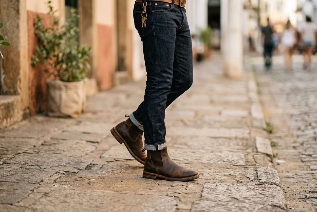 Detalhe das pernas de um homem com jeans slim-fit índigo escuro e barra dobrada acima de bota Chelsea de couro marrom escuro, em pavimento urbano neutro.
