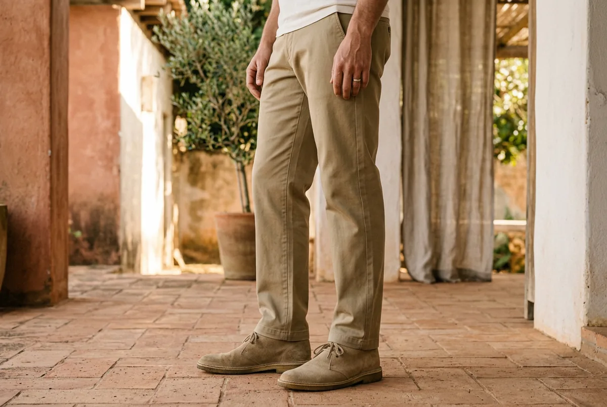 Vista lateral, da cintura para baixo, de um homem vestindo calças chino cáqui de corte reto que quebram ligeiramente sobre um par de desert boots de camurça cor de areia.