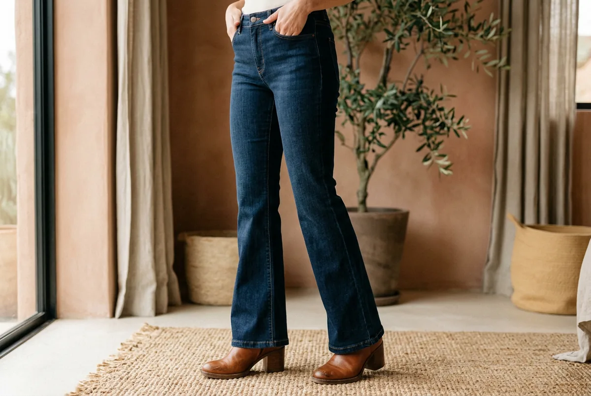 Pessoa fotografada da cintura para baixo, com jeans flare de lavagem escura e botas marrons de salto bloco, a barra do jeans rente ao chão.