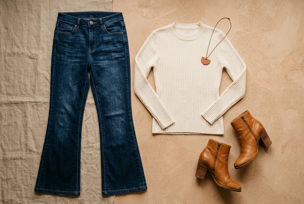 Disposição plana de jeans flare de denim de lavagem escura, um suéter de malha canelada cor creme ajustado e um par de botas de tornozelo de couro cor caramelo com salto, em um fundo neutro.