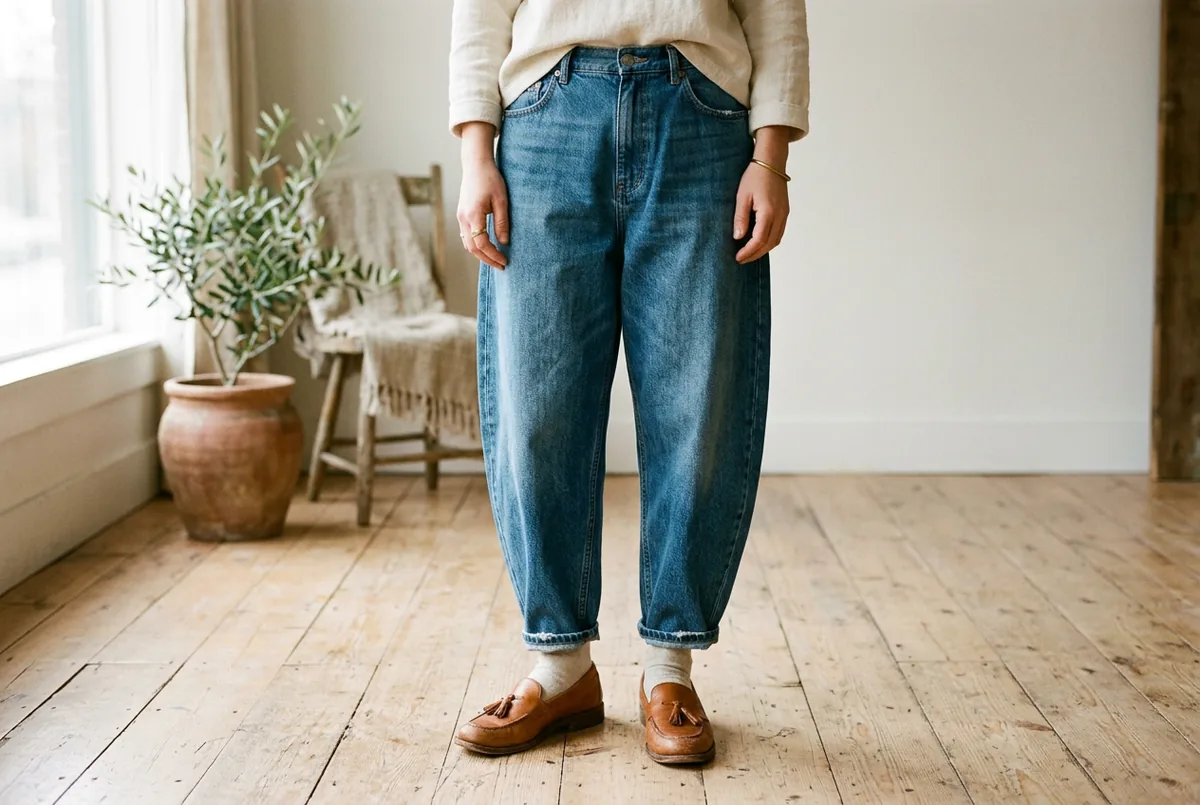 Pessoa fotografada da cintura para baixo, em pé sobre um piso de madeira clara, vestindo cocoon jeans de lavagem média, volumosos nos quadris e afunilados no tornozelo, com um pouco do tornozelo à mos