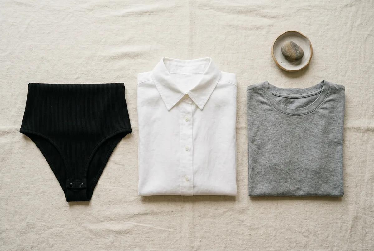 Disposição plana de várias blusas em um fundo neutro: um body preto de malha canelada, uma camisa branca de botão e uma camiseta cinza simples de gola redonda.