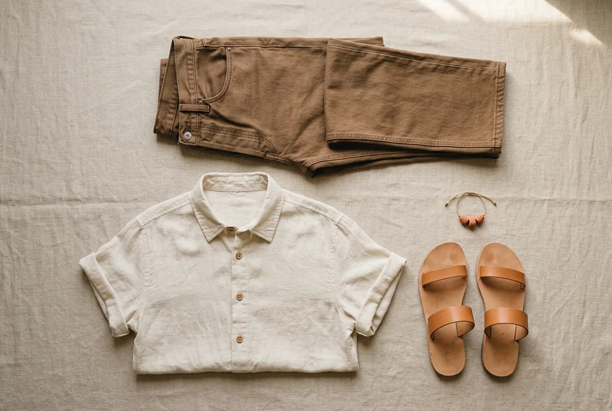 Jeans marrom de perna reta, camisa de linho off-white e sandálias simples de couro caramelo em um fundo neutro claro.