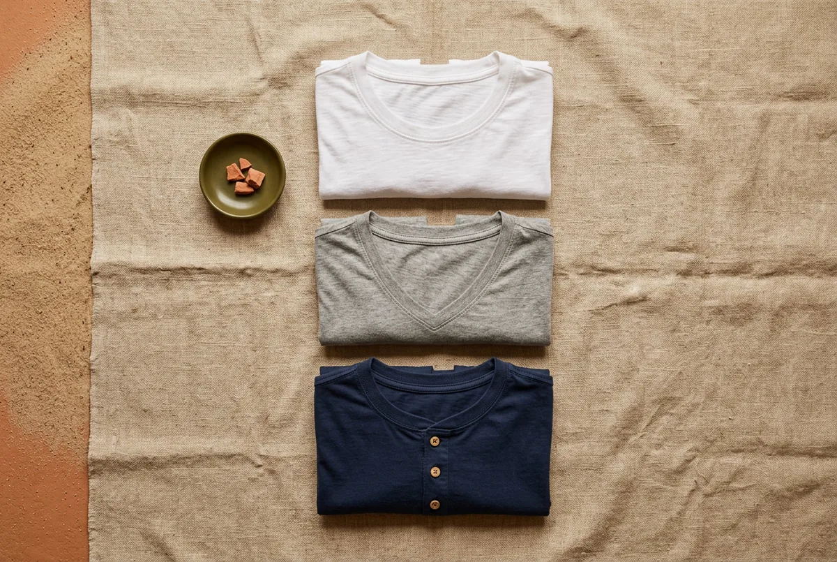 Disposição plana de três camisetas masculinas nas cores branca, cinza mescla e azul marinho, nos estilos gola redonda, gola V e Henley, sobre fundo neutro.