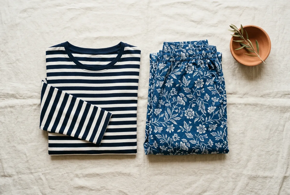 Flat lay de uma camiseta de manga comprida listrada azul-marinho e branca ao lado de uma calça azul com estampa floral em um fundo neutro.